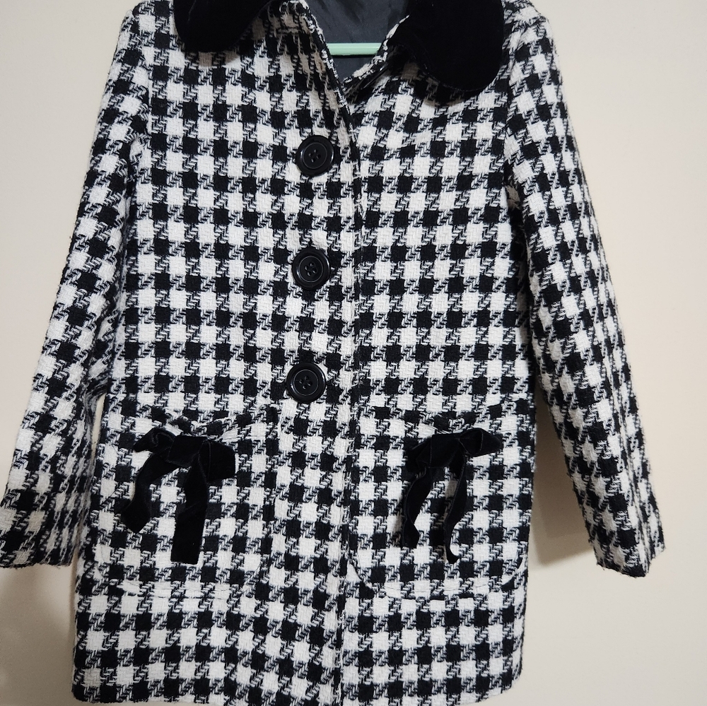 Girls Houndstooth Avon Jacket W/Velvet Collar,  Functional Pockets, Velvet Bows.